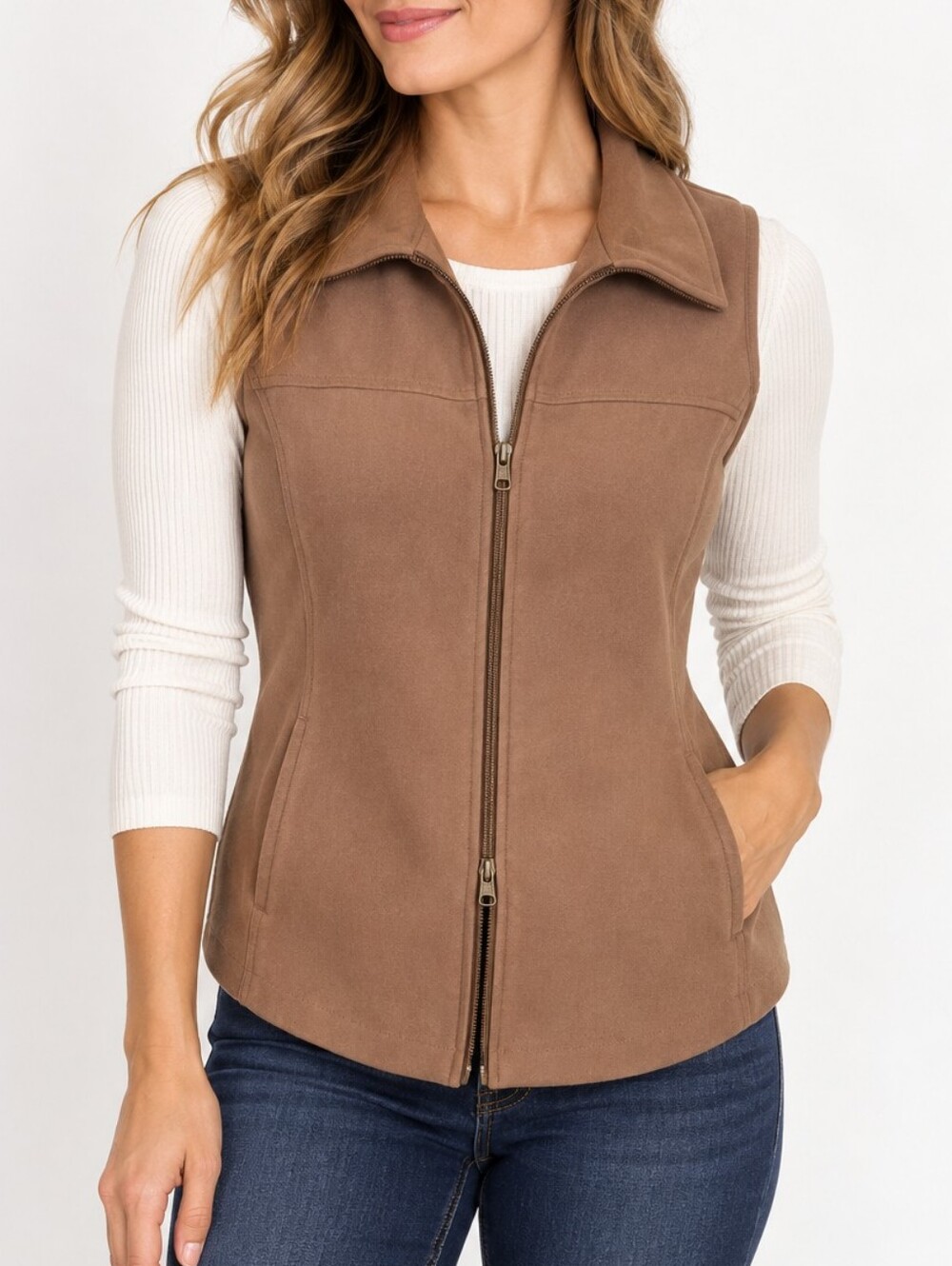 NOTATIONS Brown Double-Zip Ribbed Back Vest – Medium